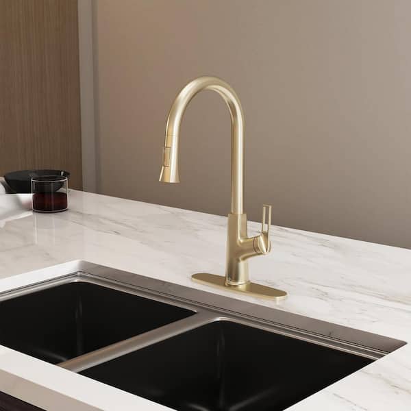 2-Spray Patterns Single Handle Pull Down Sprayer Kitchen Faucet with Deckplate and Water Supply Hoses in Brushed Gold