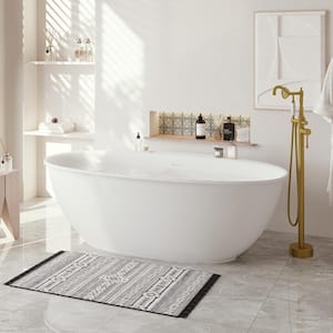67 in. Stone Resin Flatbottom Solid Surface Freestanding Soaking Bathtub in White with Brass Drain and Towel Bar