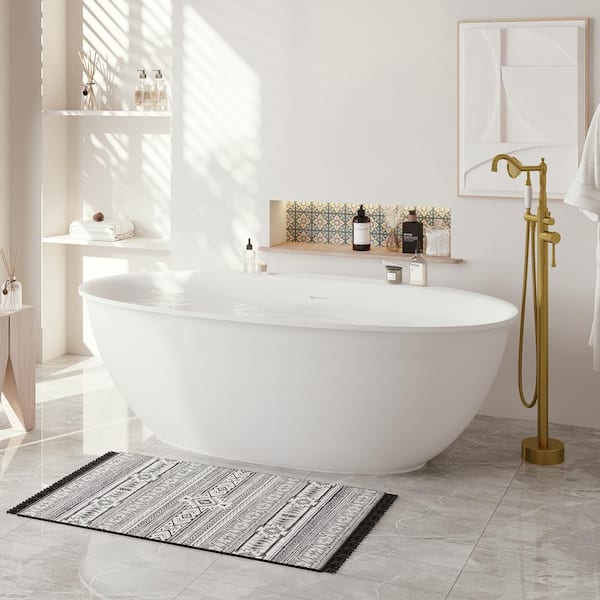 67 in. Stone Resin Flatbottom Solid Surface Freestanding Soaking Bathtub in White with Brass Drain and Towel Bar
