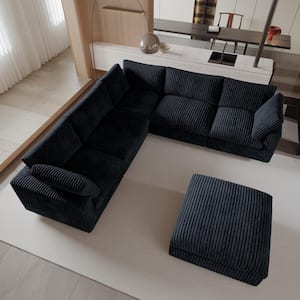 Oversized 118.11 in. W Square Arm Rabbit Velvet Plush Modular Sofa in. Black with Removable Ottoman