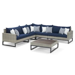 Milo Gray 6-Piece Wicker Outdoor Sectional Set with Navy Blue Cushions