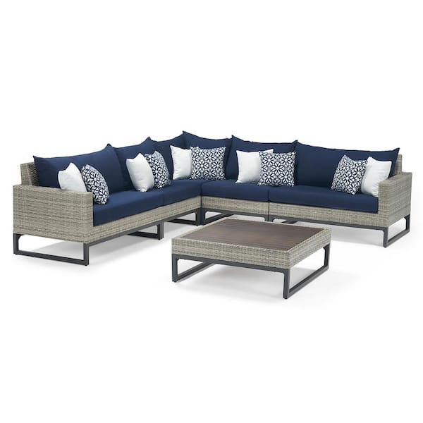 RST BRANDS Milo Gray 6-Piece Wicker Outdoor Sectional Set with Navy Blue Cushions