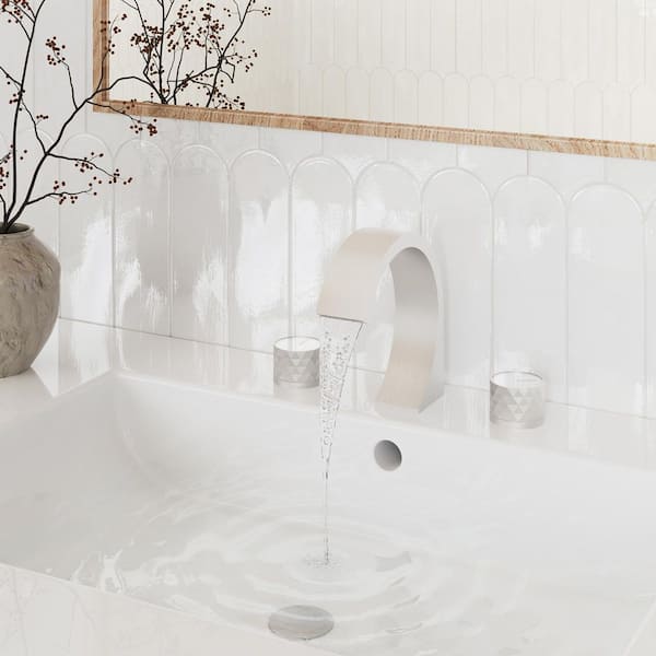 8 in. Widespread Double Handle C Arc Waterfall Spout Deck-Mount Bathroom Sink Faucet with Drain Kit in Brushed Nickel