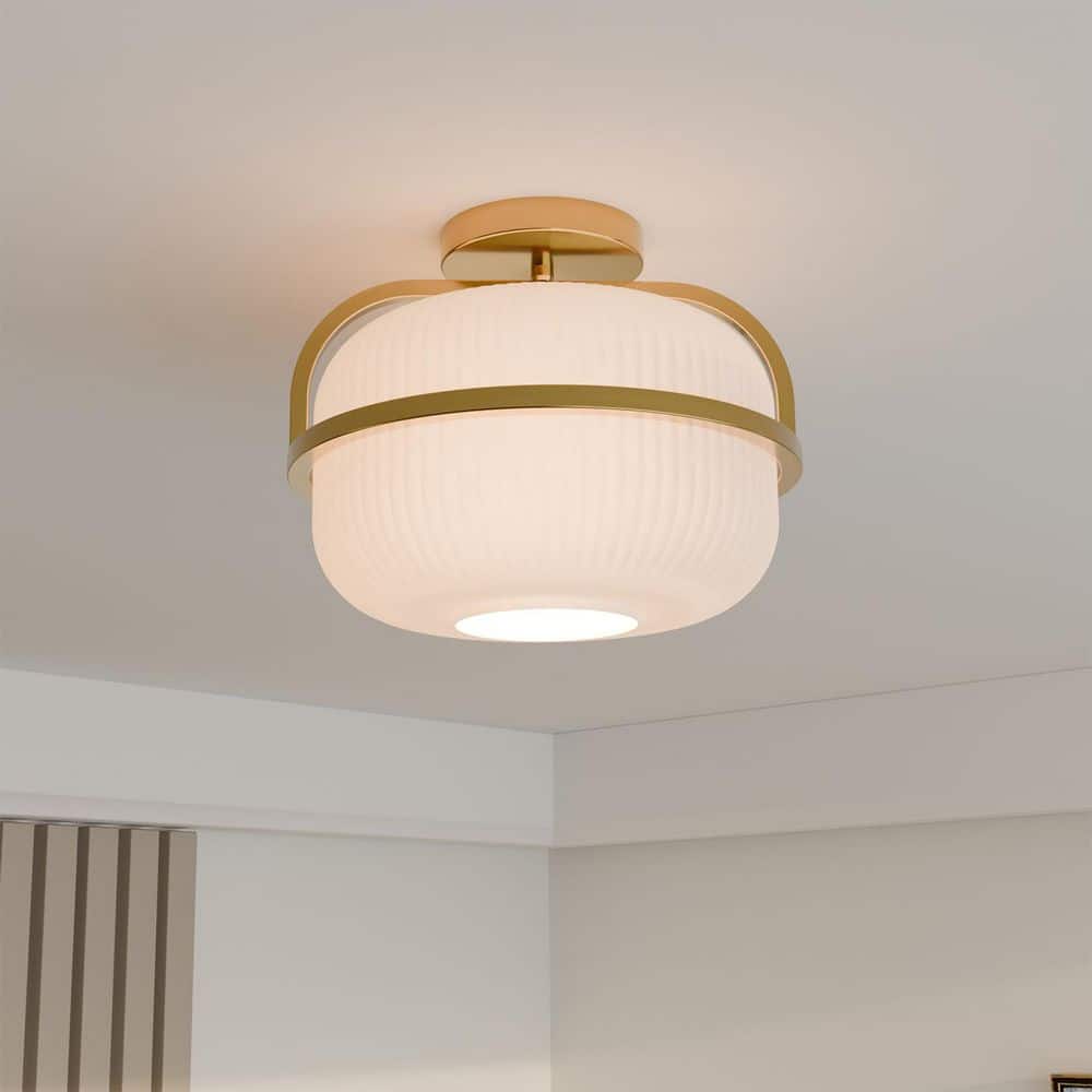 11 in. 1-Light Brass Flush Mount Ceiling Light with Frosted Ribbed Glass Shade price history on PriceWatchPro