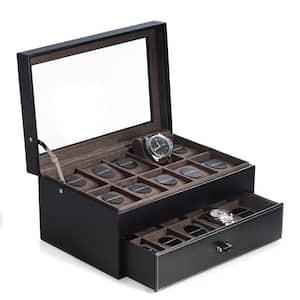 Black Pebbled Leather 20 Watch Case with Glass See-Thru Top and Drawer