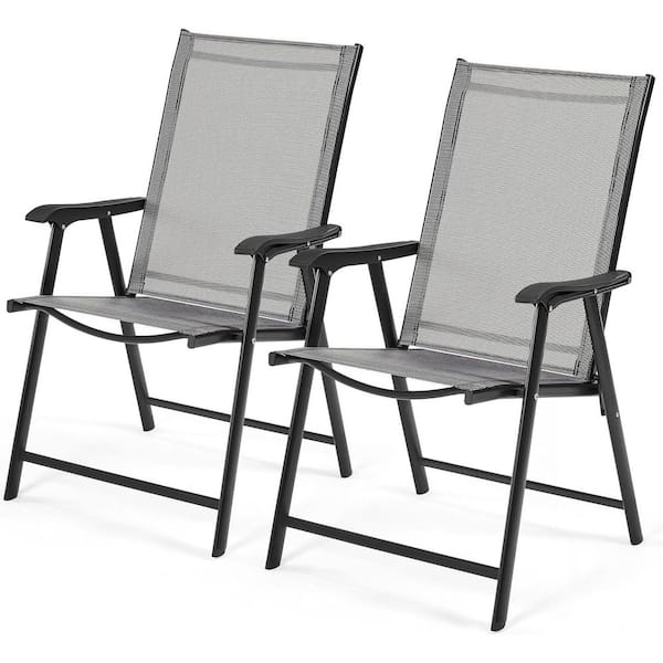 Unbranded Folding Iron Outdoor Dining Chair in Gray (Set of 2) with Armrest