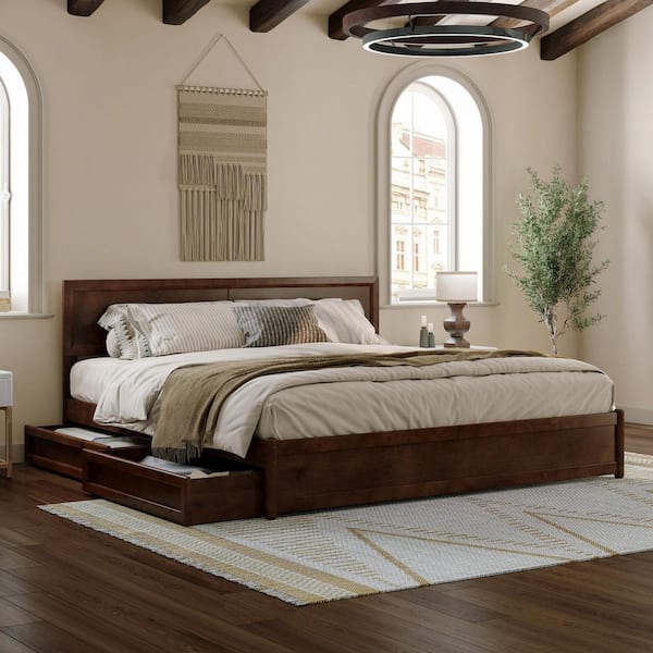 Lylah Walnut Brown Solid Wood Frame King Platform Bed with Panel Footboard and Storage Drawers