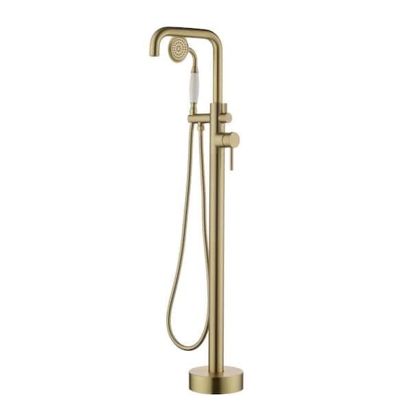 Aosspy 2-Handle Freestanding Tub Faucet with Hand Shower in Brushed Gold