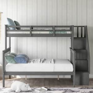 Gray Twin Over Full Detachable Kids Bunk Bed with Staircases, Wooden Bunk Bed with Storage Shelf and Safety Guardrails