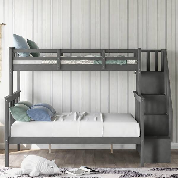 Gray Twin Over Full Detachable Kids Bunk Bed with Staircases, Wooden Bunk Bed with Storage Shelf and Safety Guardrails