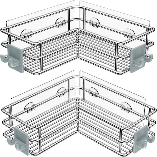 2 Pack Stainless Steel Adhesive Shower Caddy Basket Rack with Hooks in Silver