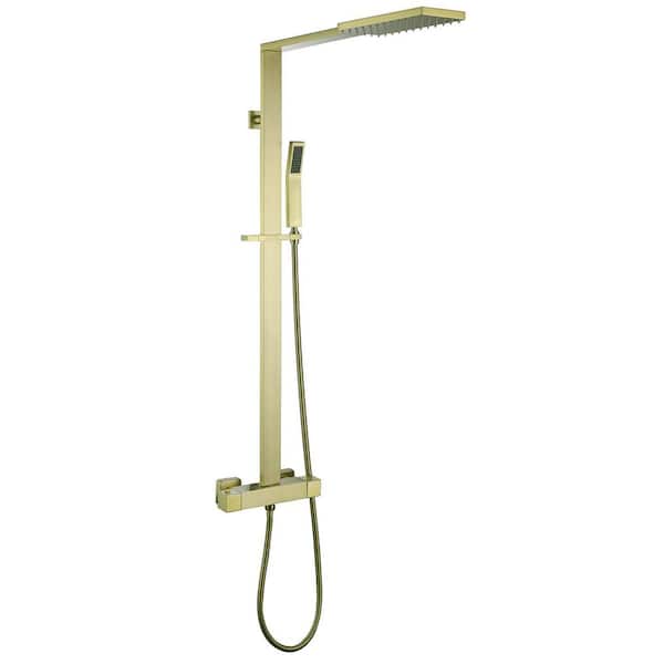 2-Spray Square Shower Head Wall Mount Fixed and Handheld Shower Head Flow Rate 1.8 GPM in Brushed Gold