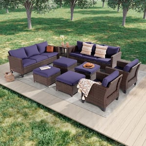 9-Piece Brown Wicker Outdoor Seating Sofa Set with Coffee Table, Navy Blue Cushions