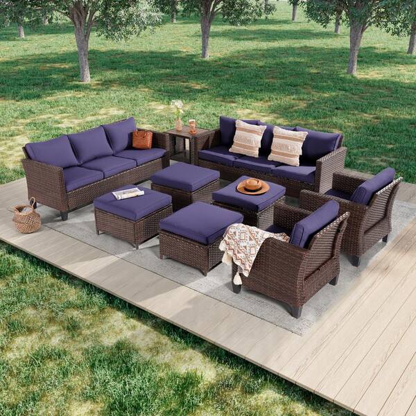 JOYESERY 9-Piece Brown Wicker Outdoor Seating Sofa Set with Coffee Table, Navy Blue Cushions