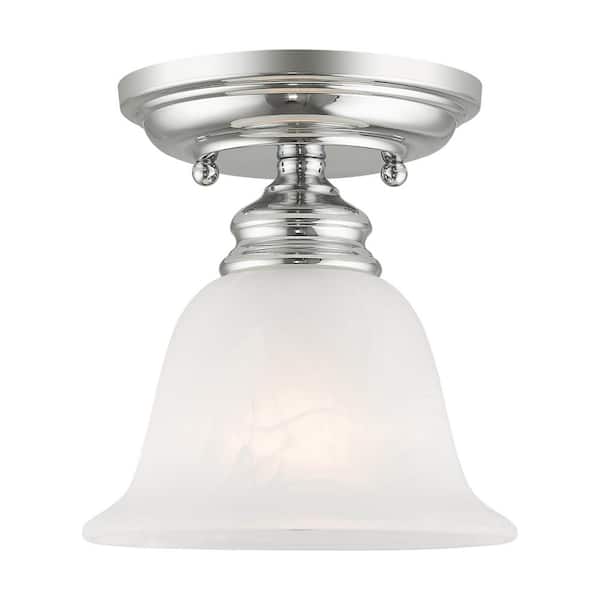 Livex Lighting Woodside 6.25 in. 1-Light Polished Chrome Industrial Semi Flush Mount with Alabaster Glass and No Bulbs Included