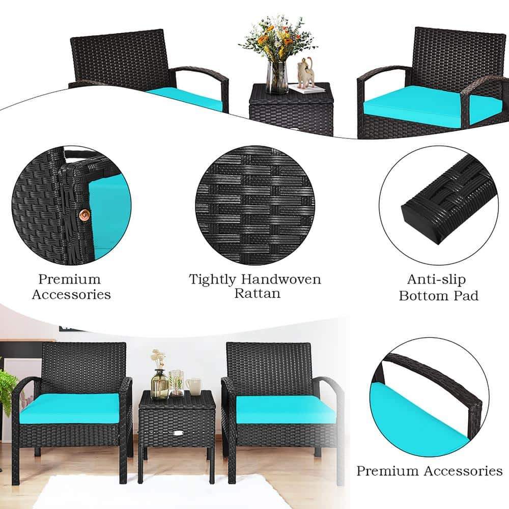 Turquoise 3-Piece Outdoor Wicker Rattan Patio Set