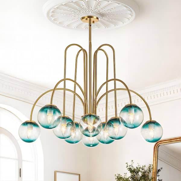 RRTYO Erik 10-Light Gold Unique Modern Sputnik Elbow Chandelier for Dining Room with Bubble Globe Blue Glass Shades