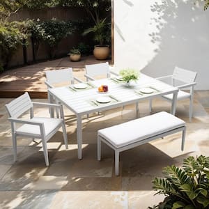 6-Piece Matte White Aluminum Outdoor Dining Set with Grayish Cushions and Umbrella Hole