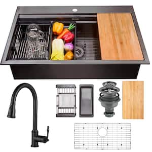 All-in-One Matte Black Stainless Steel 33 in. x 22 in. Single Bowl Drop-in Kitchen Sink with Pull-down Faucet