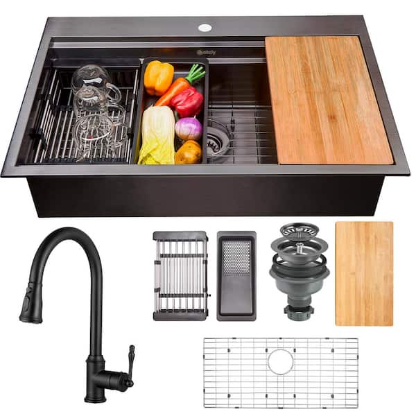 AKDY All-in-One Matte Black Stainless Steel 33 in. x 22 in. Single Bowl Drop-in Kitchen Sink with Pull-down Faucet