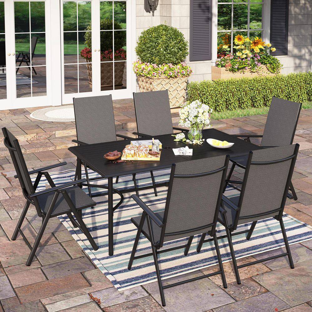 PHI VILLA 7Piece Metal Outdoor Dining Set with Slat TableTop and