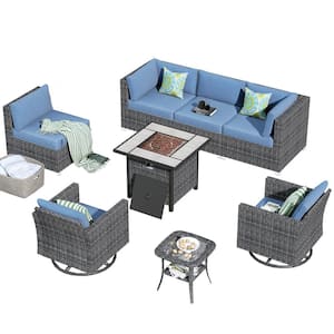 Messi Grey 8-Piece Wicker Outdoor Patio Fire Pit Conversation Sofa Set with Swivel Chairs and Denim Blue Cushions
