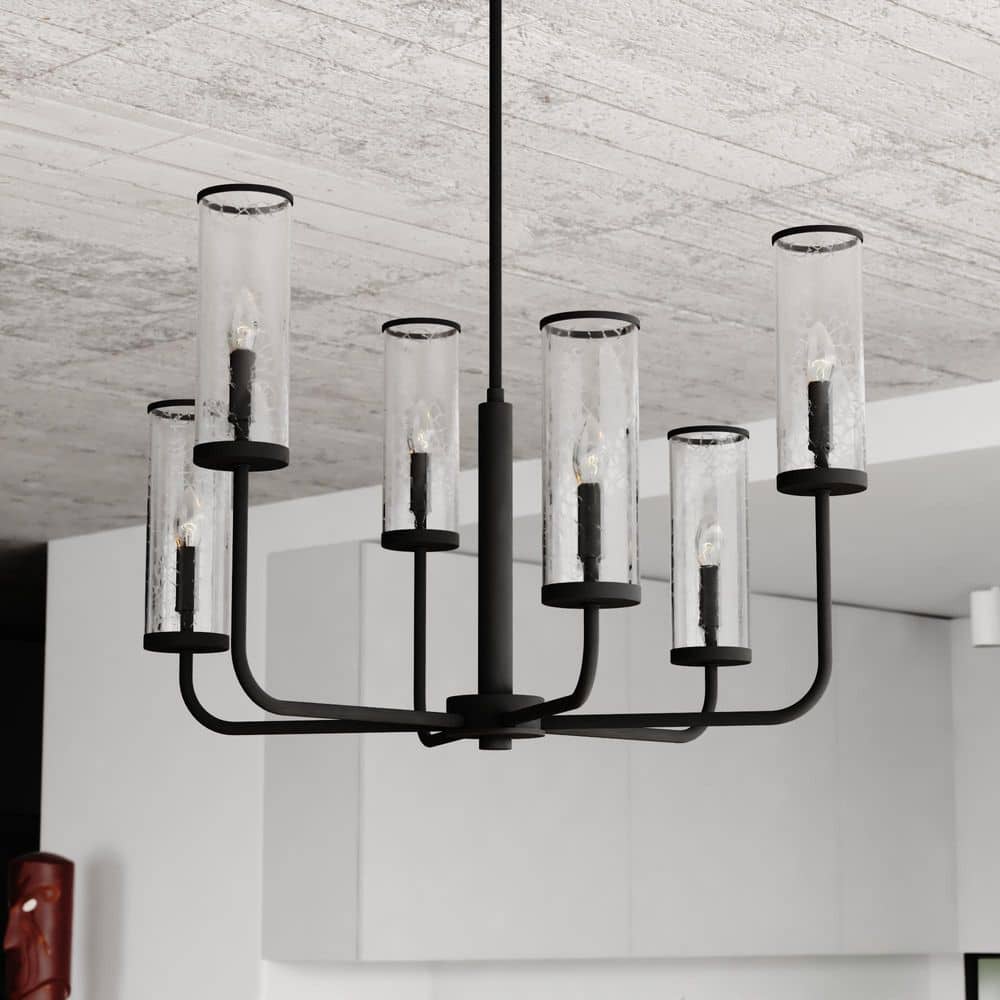 Glencoe 6-Light 28 in. Wide Matte Black Chandelier with Clear Crackle Glass Shade, Hanging Ceiling Pendant Fixture price history on PriceWatchPro