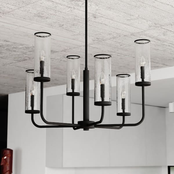 Glencoe 6-Light 28 in. Wide Matte Black Chandelier with Clear Crackle Glass Shade, Hanging Ceiling Pendant Fixture