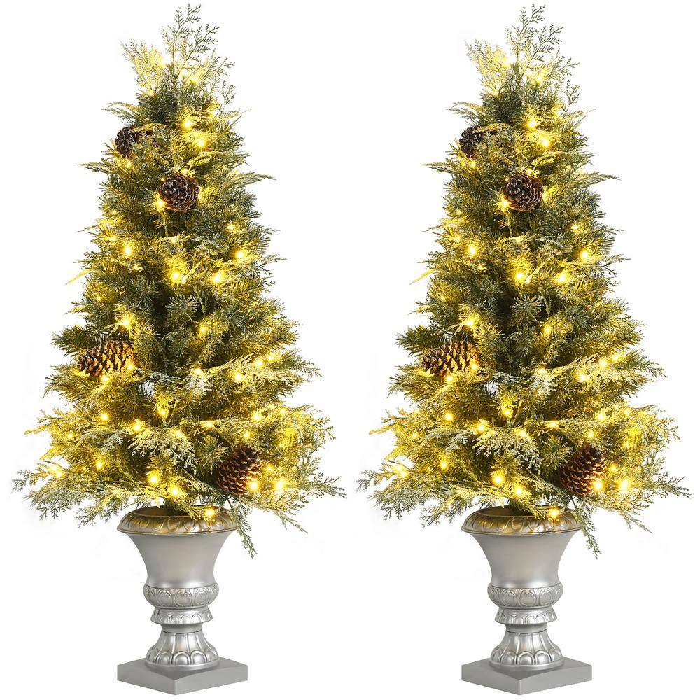 Set of 2 4 ft. Green LED Pre-lit Snowy Artificial Christmas Tree 4ft w/100 Lights