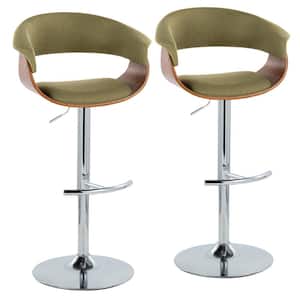 Vintage Mod 32 in. Green Fabric, Walnut Wood and Chrome Metal Adjustable Bar Stool Rounded T Footrest (Set of 2)