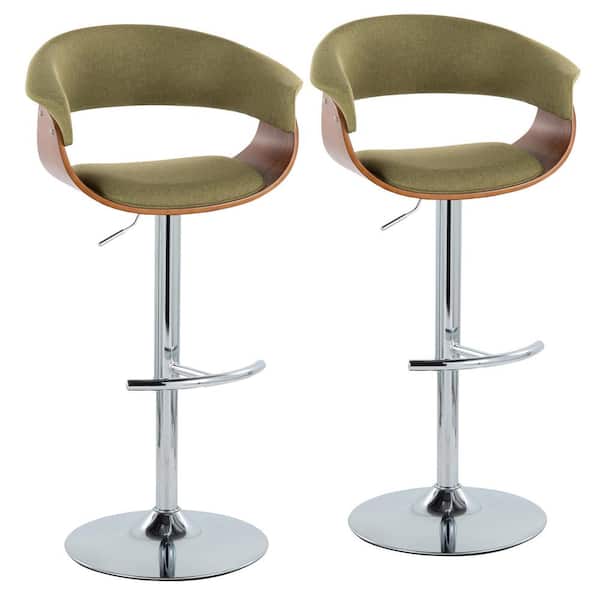 Lumisource Vintage Mod 32 in. Green Fabric, Walnut Wood and Chrome Metal Adjustable Bar Stool Rounded T Footrest (Set of 2)