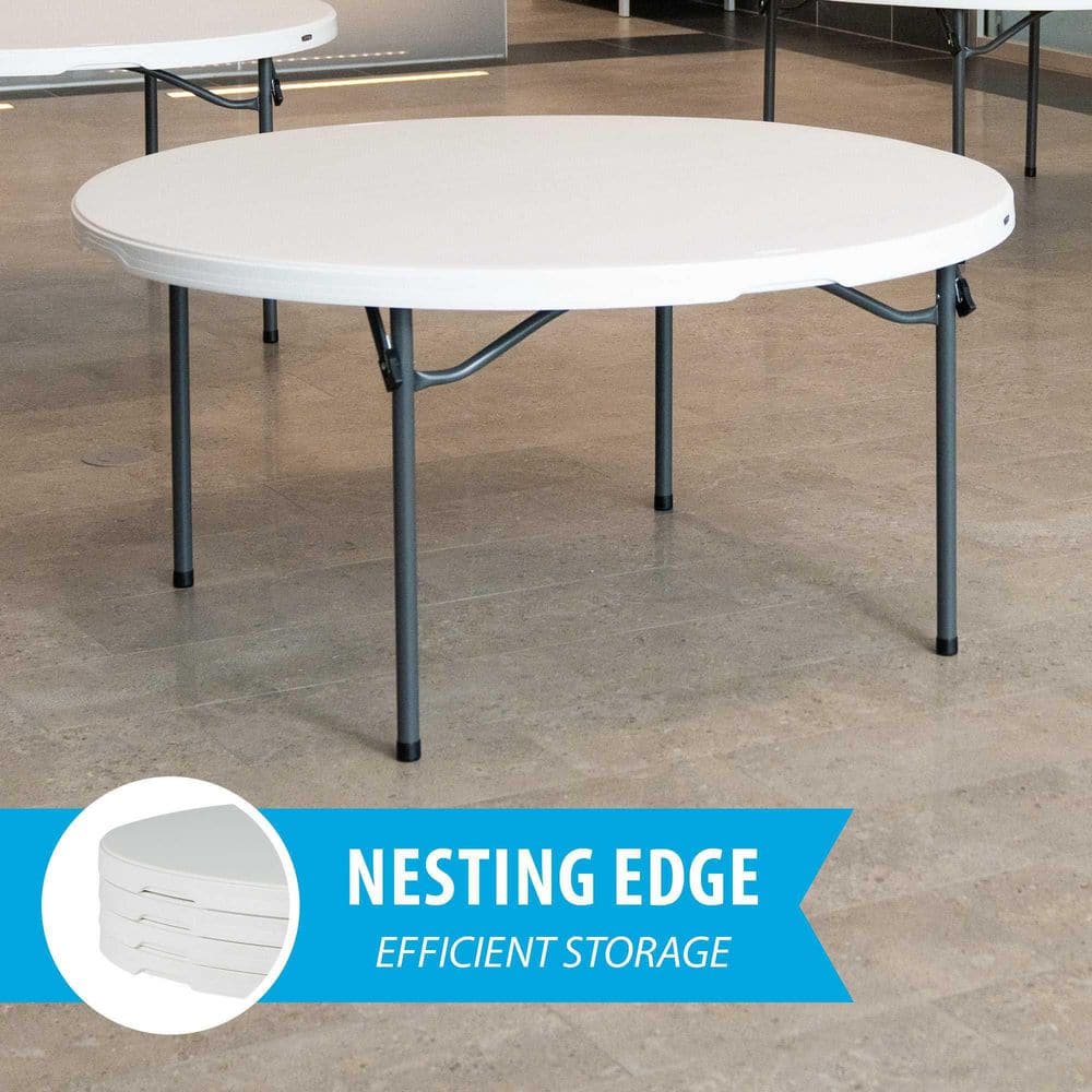 60-Inch White Granite Round Folding Table with Steel Frame