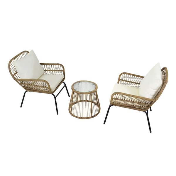 Willit 3-Piece Wicker Round 17.5 in. H Outdoor Bistro Set with Beige Cushion
