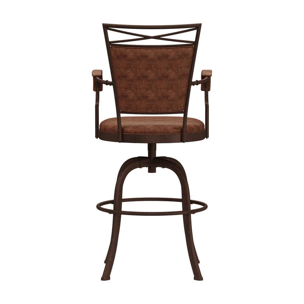 Aged Bronze Swivel Bar Stool with Weathered Brown Faux Leather