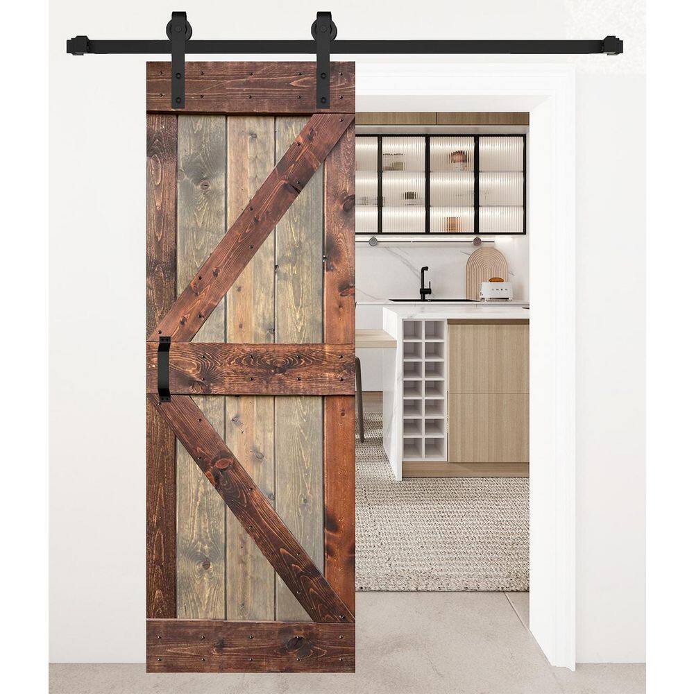 K Style 30in x 84in Knotty Pine Sliding Barn Door with Black Hardware