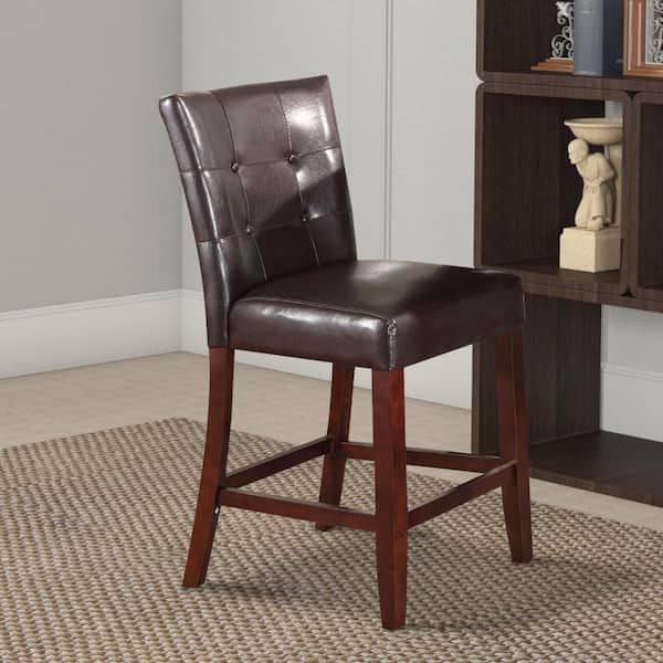 Leather Upholstered Brown Wooden Counter Height Chair (Set of 2)