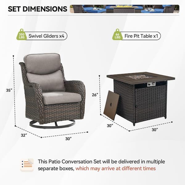 Luxury 5-Piece Brown Wicker Fire Pit Conversation Set with Olefin Gray Cushions and Swivel Glider Rocking Chairs