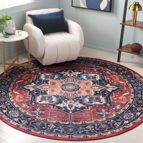 Orlando 7 ft. x 7 ft. Round Rust/Blue Persian Heriz Medallion Washable Area Rug