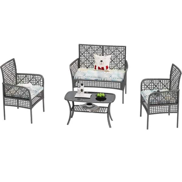 Tenleaf 4-Piece Wicker Outdoor Sectional Set Conversation Set Patio Seating Set with Multicolor Cushions