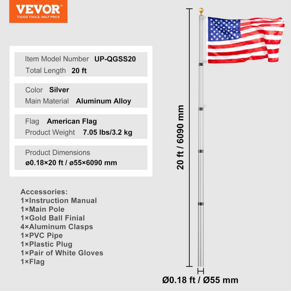 20ft Silver Aluminum Telescoping Garden Flagpole Kit