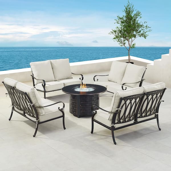 Oakland Living Black Aluminum Fire Table Set with 4-Deep Seating Loveseats