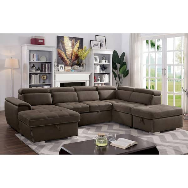 Furniture of America Grash 127.75 in. Polyester U-Shaped Sectional Sofa in Light Brown with Tufted Seat Cushions