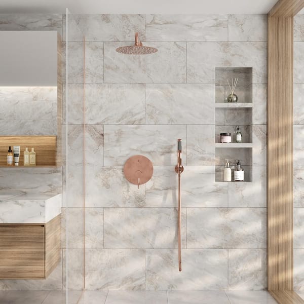 2-Spray Patterns 10 in. Round Wall Mount Rainfall Dual Shower Heads in 1.8 GPM Rose Gold