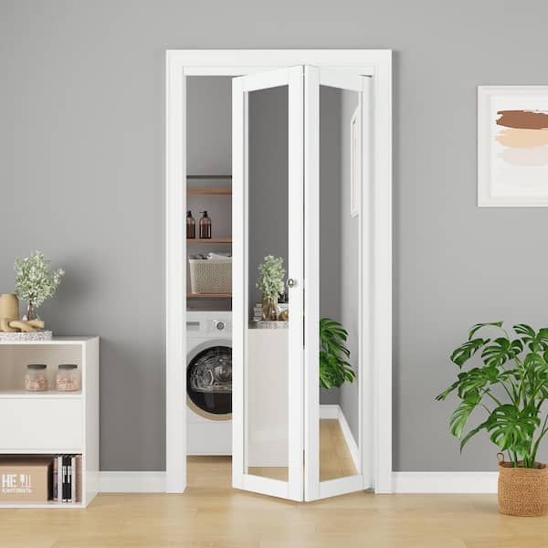36 in. x 80 in. 1-Lite Mirrored Glass and Solid Core White Finished MDF Closet Bi-Fold Door with Hardware