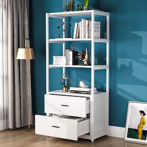 Earlimart 60 in. White Wood and Metal 4 Shelf Standard Bookcase with 2 Drawers