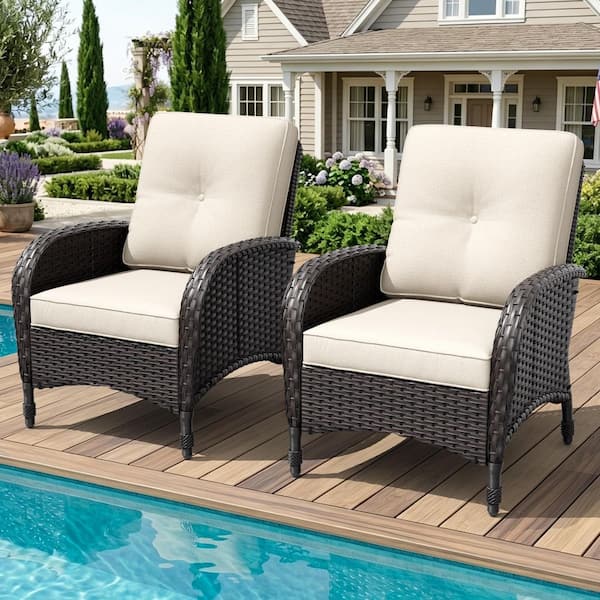 2-Piece Dark Brown Wicker Patio Outdoor Lounge Chair with Beige Cushions