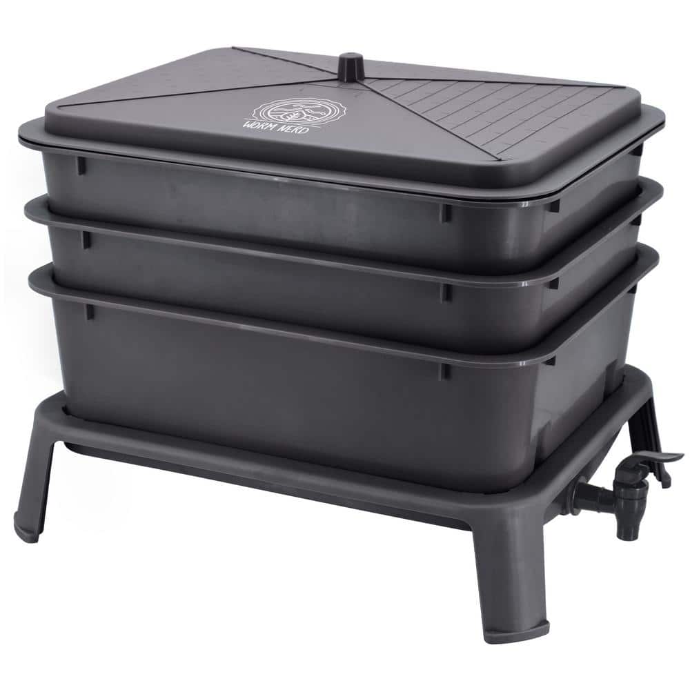Large Black 4-Tray Plastic Worm Composting Bin with Coco Coir Brick
