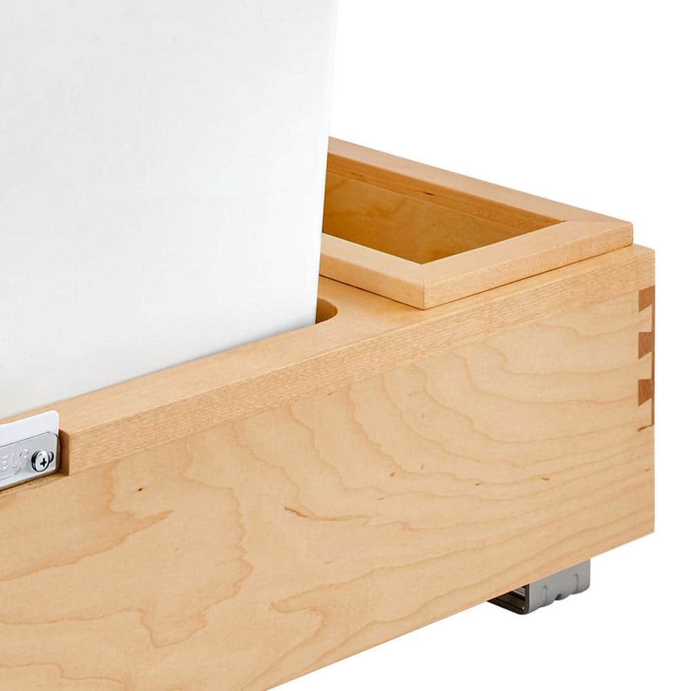 White Plastic Single 35 Qt Pull-Out Trash Bin with Maple Wood Frame