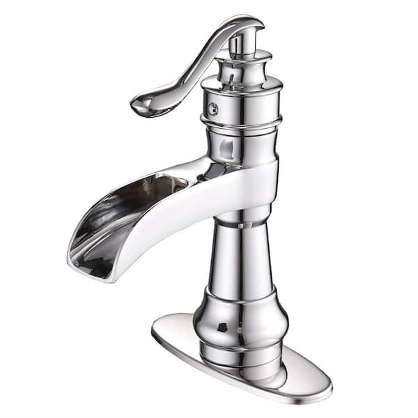 FLG Single Handle Single Hole Brass Waterfall Bathroom Sink Faucet with Deckplate Included in Polished Chrome