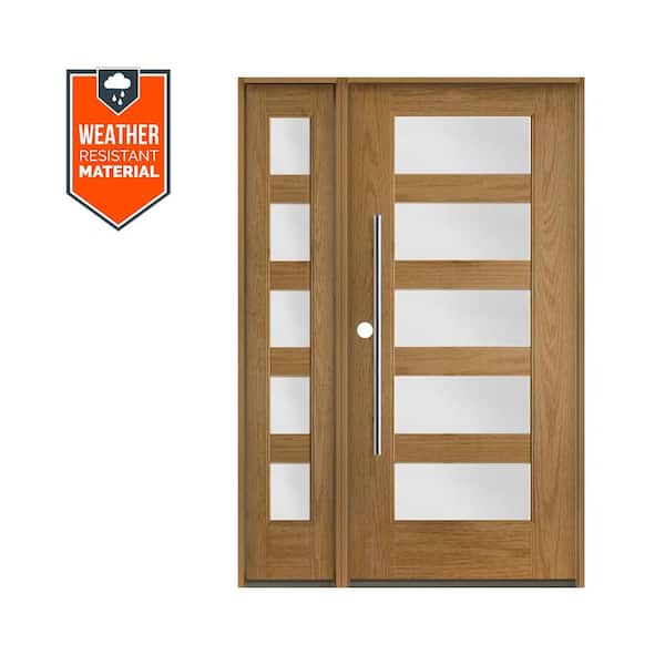 Faux Pivot 50 in. x 79 in. 5 Lite Right-Hand/Inswing Frosted Glass Bourbon Stain Fiberglass Prehung Front Door w/LSL